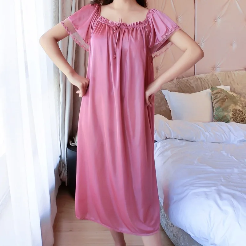 Women Faux Ice Silk Nightgowns Sleeping Dress Medium Length Short Sleeve Nightdress Sexy Sleepwear Home Wear Loungewear Pyjama F