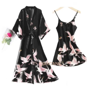 Sexy Nightwear Gown Set Women 2PC Pyjama V-Neck Pajamas Silky Sleepwear Spring Lady Sleep Suit Robe Wear Home Negligee Homewear