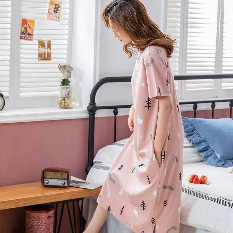 HUA HUA Sleeping Skirt Women's Summer Home Wear Thin Short Sleeved Loose Sleepwear