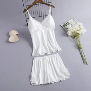 2 Pieces Cami&Shorts Sleep Set Women Pajamas Suit Sexy Lace Home Clothes V-Neck Sleepwear Lounge Wear Summer Nightwear