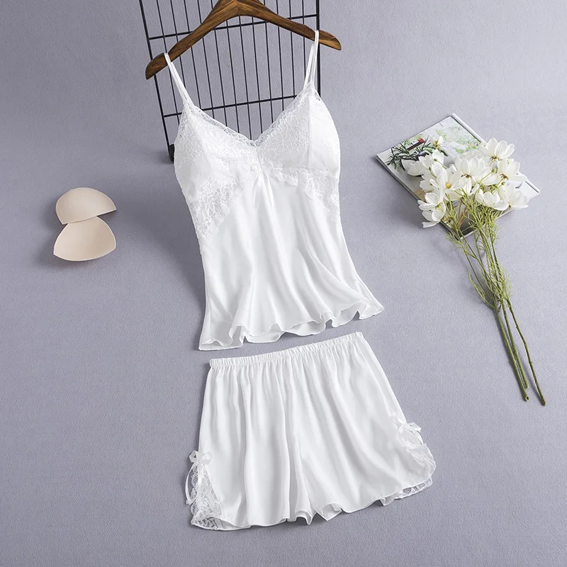 2 Pieces Cami&Shorts Sleep Set Women Pajamas Suit Sexy Lace Home Clothes V-Neck Sleepwear Lounge Wear Summer Nightwear